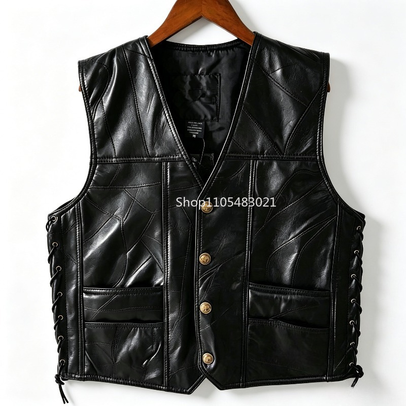 Leather Work Jacket - Colete Masculino Preto de Couro com