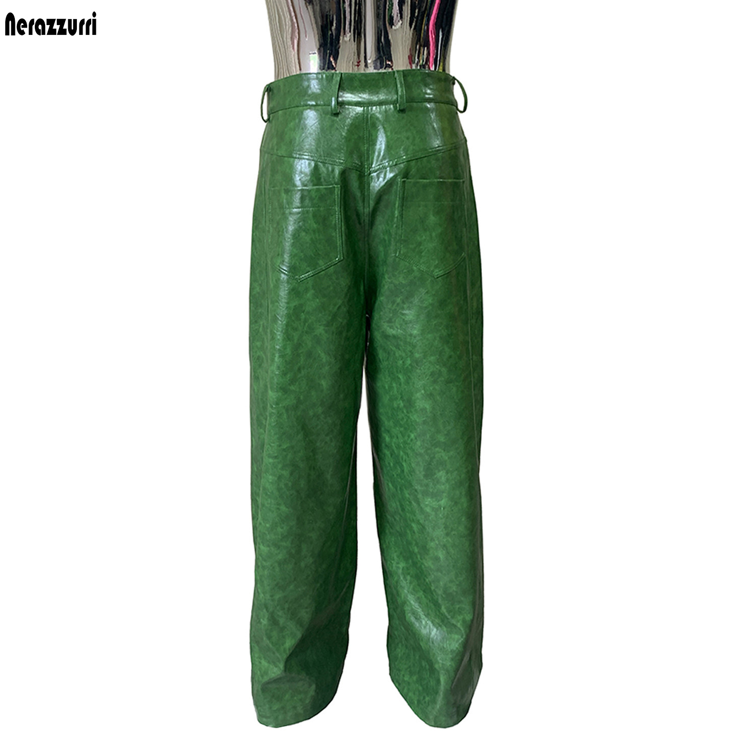 Calças largas de couro PU verd - Leather Work Pants avaliação e preço