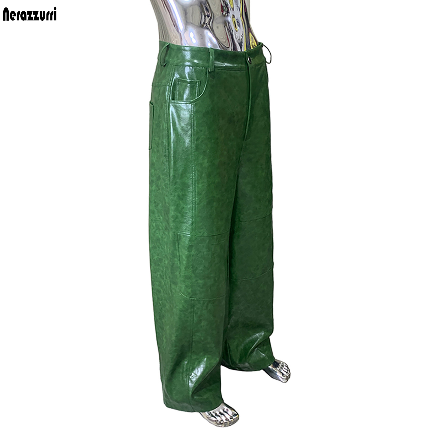 Calças largas de couro PU verd - Leather Work Pants avaliação e preço