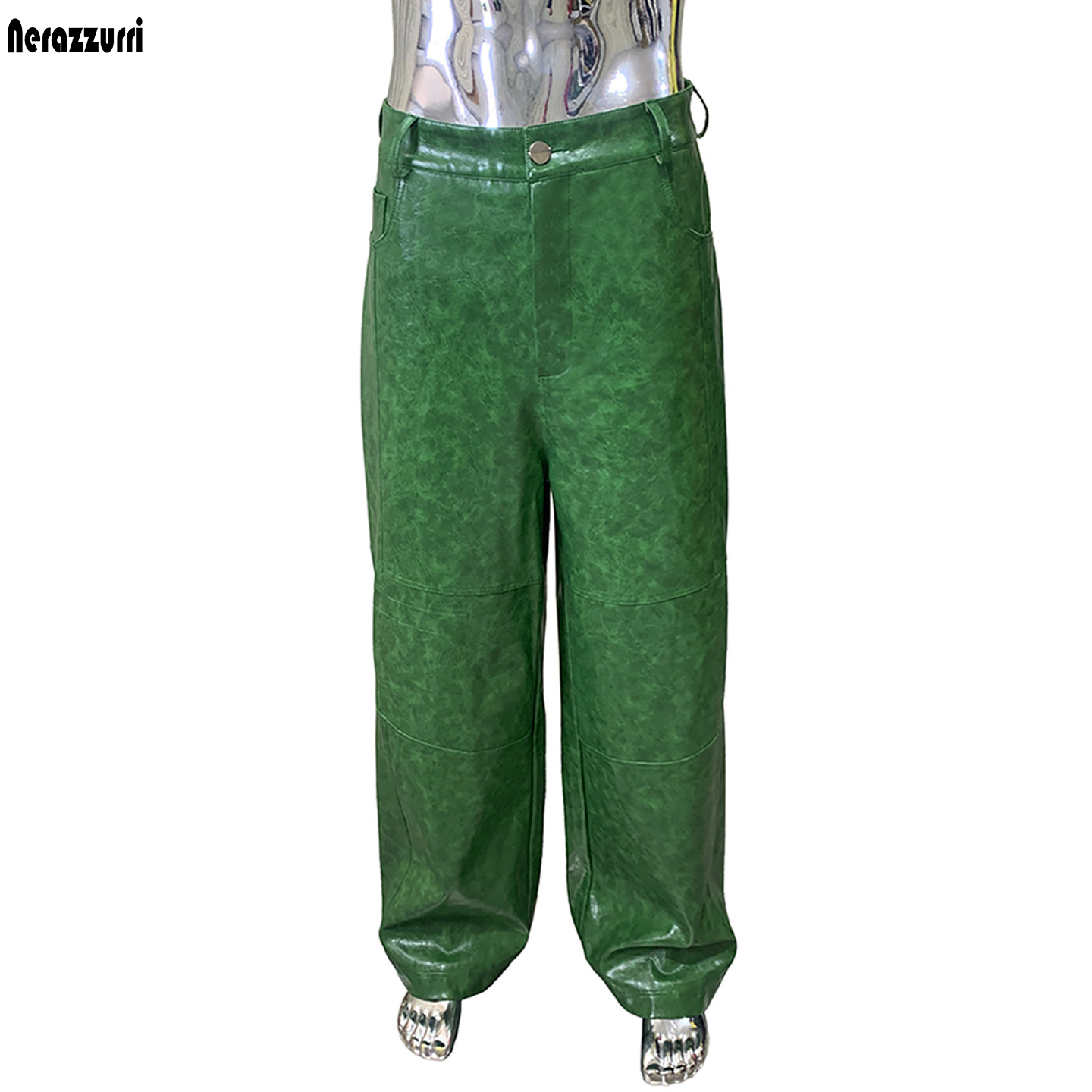 Calças largas de couro PU verd - Leather Work Pants avaliação e preço
